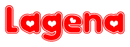 The image is a red and white graphic with the word Lagena written in a decorative script. Each letter in  is contained within its own outlined bubble-like shape. Inside each letter, there is a white heart symbol.