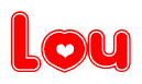The image is a red and white graphic with the word Lou written in a decorative script. Each letter in  is contained within its own outlined bubble-like shape. Inside each letter, there is a white heart symbol.