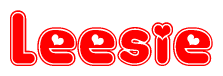 The image is a red and white graphic with the word Leesie written in a decorative script. Each letter in  is contained within its own outlined bubble-like shape. Inside each letter, there is a white heart symbol.
