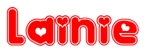The image is a clipart featuring the word Lainie written in a stylized font with a heart shape replacing inserted into the center of each letter. The color scheme of the text and hearts is red with a light outline.