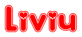 The image is a red and white graphic with the word Liviu written in a decorative script. Each letter in  is contained within its own outlined bubble-like shape. Inside each letter, there is a white heart symbol.
