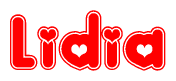 The image is a clipart featuring the word Lidia written in a stylized font with a heart shape replacing inserted into the center of each letter. The color scheme of the text and hearts is red with a light outline.