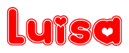 The image is a red and white graphic with the word Luisa written in a decorative script. Each letter in  is contained within its own outlined bubble-like shape. Inside each letter, there is a white heart symbol.