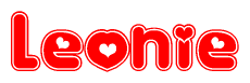 The image is a red and white graphic with the word Leonie written in a decorative script. Each letter in  is contained within its own outlined bubble-like shape. Inside each letter, there is a white heart symbol.