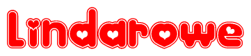 The image is a clipart featuring the word Lindarowe written in a stylized font with a heart shape replacing inserted into the center of each letter. The color scheme of the text and hearts is red with a light outline.