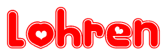 The image is a red and white graphic with the word Lohren written in a decorative script. Each letter in  is contained within its own outlined bubble-like shape. Inside each letter, there is a white heart symbol.