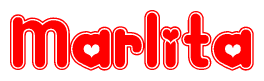 The image is a red and white graphic with the word Marlita written in a decorative script. Each letter in  is contained within its own outlined bubble-like shape. Inside each letter, there is a white heart symbol.