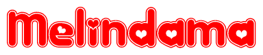 The image is a red and white graphic with the word Melindama written in a decorative script. Each letter in  is contained within its own outlined bubble-like shape. Inside each letter, there is a white heart symbol.