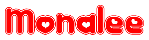 The image is a clipart featuring the word Monalee written in a stylized font with a heart shape replacing inserted into the center of each letter. The color scheme of the text and hearts is red with a light outline.