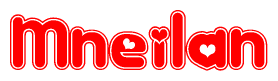 The image is a clipart featuring the word Mneilan written in a stylized font with a heart shape replacing inserted into the center of each letter. The color scheme of the text and hearts is red with a light outline.