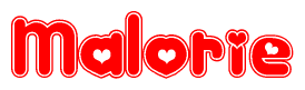 The image is a red and white graphic with the word Malorie written in a decorative script. Each letter in  is contained within its own outlined bubble-like shape. Inside each letter, there is a white heart symbol.
