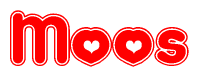 The image displays the word Moos written in a stylized red font with hearts inside the letters.