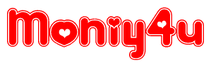 The image is a clipart featuring the word Moniy4u written in a stylized font with a heart shape replacing inserted into the center of each letter. The color scheme of the text and hearts is red with a light outline.
