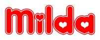 The image is a clipart featuring the word Milda written in a stylized font with a heart shape replacing inserted into the center of each letter. The color scheme of the text and hearts is red with a light outline.