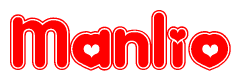 The image is a clipart featuring the word Manlio written in a stylized font with a heart shape replacing inserted into the center of each letter. The color scheme of the text and hearts is red with a light outline.
