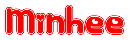   The image is a red and white graphic with the word Minhee written in a decorative script. Each letter in  is contained within its own outlined bubble-like shape. Inside each letter, there is a white heart symbol. 