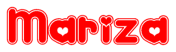 The image is a red and white graphic with the word Mariza written in a decorative script. Each letter in  is contained within its own outlined bubble-like shape. Inside each letter, there is a white heart symbol.