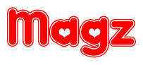 The image displays the word Magz written in a stylized red font with hearts inside the letters.