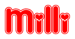   The image is a clipart featuring the word Milli written in a stylized font with a heart shape replacing inserted into the center of each letter. The color scheme of the text and hearts is red with a light outline. 