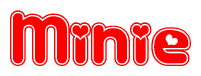 The image is a red and white graphic with the word Minie written in a decorative script. Each letter in  is contained within its own outlined bubble-like shape. Inside each letter, there is a white heart symbol.