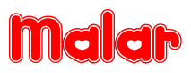 The image is a red and white graphic with the word Malar written in a decorative script. Each letter in  is contained within its own outlined bubble-like shape. Inside each letter, there is a white heart symbol.