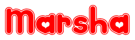 The image is a red and white graphic with the word Marsha written in a decorative script. Each letter in  is contained within its own outlined bubble-like shape. Inside each letter, there is a white heart symbol.