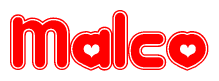 The image displays the word Malco written in a stylized red font with hearts inside the letters.