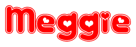 The image is a clipart featuring the word Meggie written in a stylized font with a heart shape replacing inserted into the center of each letter. The color scheme of the text and hearts is red with a light outline.