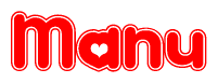 The image is a clipart featuring the word Manu written in a stylized font with a heart shape replacing inserted into the center of each letter. The color scheme of the text and hearts is red with a light outline.