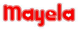 The image is a red and white graphic with the word Mayela written in a decorative script. Each letter in  is contained within its own outlined bubble-like shape. Inside each letter, there is a white heart symbol.