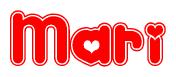 The image is a red and white graphic with the word Mari written in a decorative script. Each letter in  is contained within its own outlined bubble-like shape. Inside each letter, there is a white heart symbol.
