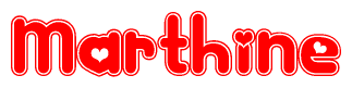 The image is a red and white graphic with the word Marthine written in a decorative script. Each letter in  is contained within its own outlined bubble-like shape. Inside each letter, there is a white heart symbol.