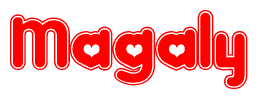 The image is a red and white graphic with the word Magaly written in a decorative script. Each letter in  is contained within its own outlined bubble-like shape. Inside each letter, there is a white heart symbol.
