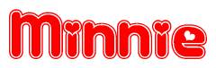 The image is a red and white graphic with the word Minnie written in a decorative script. Each letter in  is contained within its own outlined bubble-like shape. Inside each letter, there is a white heart symbol.