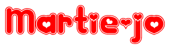 The image is a clipart featuring the word Martie-jo written in a stylized font with a heart shape replacing inserted into the center of each letter. The color scheme of the text and hearts is red with a light outline.