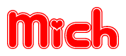 The image is a clipart featuring the word Mich written in a stylized font with a heart shape replacing inserted into the center of each letter. The color scheme of the text and hearts is red with a light outline.