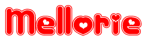   The image is a clipart featuring the word Mellorie written in a stylized font with a heart shape replacing inserted into the center of each letter. The color scheme of the text and hearts is red with a light outline. 