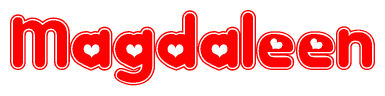 The image is a red and white graphic with the word Magdaleen written in a decorative script. Each letter in  is contained within its own outlined bubble-like shape. Inside each letter, there is a white heart symbol.
