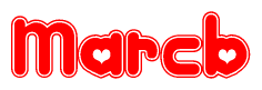 The image is a clipart featuring the word Marcb written in a stylized font with a heart shape replacing inserted into the center of each letter. The color scheme of the text and hearts is red with a light outline.