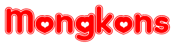 The image is a red and white graphic with the word Mongkons written in a decorative script. Each letter in  is contained within its own outlined bubble-like shape. Inside each letter, there is a white heart symbol.