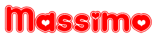 The image is a red and white graphic with the word Massimo written in a decorative script. Each letter in  is contained within its own outlined bubble-like shape. Inside each letter, there is a white heart symbol.
