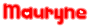 The image is a red and white graphic with the word Mauryne written in a decorative script. Each letter in  is contained within its own outlined bubble-like shape. Inside each letter, there is a white heart symbol.