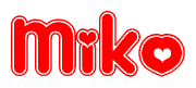The image is a clipart featuring the word Miko written in a stylized font with a heart shape replacing inserted into the center of each letter. The color scheme of the text and hearts is red with a light outline.