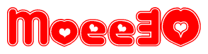 The image is a red and white graphic with the word Moee30 written in a decorative script. Each letter in  is contained within its own outlined bubble-like shape. Inside each letter, there is a white heart symbol.