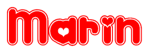 The image is a clipart featuring the word Marin written in a stylized font with a heart shape replacing inserted into the center of each letter. The color scheme of the text and hearts is red with a light outline.