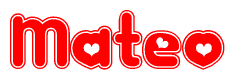 The image is a red and white graphic with the word Mateo written in a decorative script. Each letter in  is contained within its own outlined bubble-like shape. Inside each letter, there is a white heart symbol.