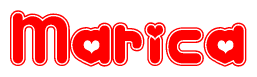   The image is a clipart featuring the word Marica written in a stylized font with a heart shape replacing inserted into the center of each letter. The color scheme of the text and hearts is red with a light outline. 