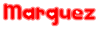 The image is a red and white graphic with the word Marquez written in a decorative script. Each letter in  is contained within its own outlined bubble-like shape. Inside each letter, there is a white heart symbol.