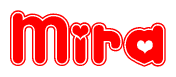 The image displays the word Mira written in a stylized red font with hearts inside the letters.