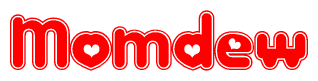 The image is a clipart featuring the word Momdew written in a stylized font with a heart shape replacing inserted into the center of each letter. The color scheme of the text and hearts is red with a light outline.